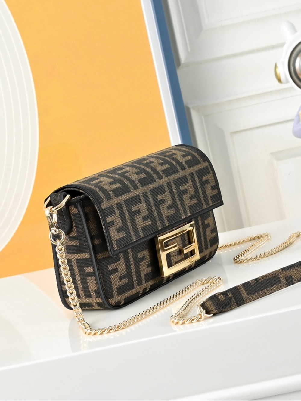 Fendi Brown & Black Zucca Crossbody Baguette with Gold Hardware - Picture 4 of 11